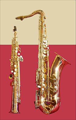Tenor (right) and soprano saxophones, showing their comparative sizes