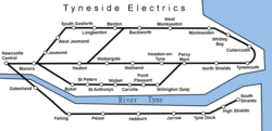 Diagram of the Tyneside Electrics network at its maximum extent between 1938–63.