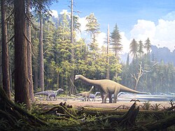 Mesozoic sauropsids: non-avialan dinosaurs (Europasaurus and iguanodonts) alongside the early bird Archaeopteryx perched on the foreground tree stump.