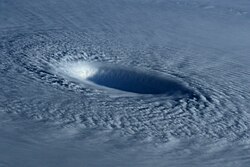View of Typhoon Maysak's eye from the International Space Station displaying a pronounced stadium effect