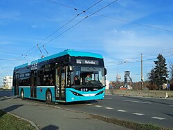 One of the few trolleybuses in Europe, this trolleybus uses two overhead wires to provide electric current supply and return to the power source