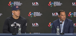 Judge (left) being announced as captain of the United States national baseball team ahead of the 2026 World Baseball Classic during a press conference with Mark DeRosa in April 2025