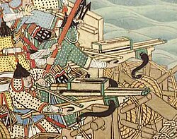 Naval battle scroll depicting Korean soldiers utilizing repeating recurve crossbows during the Imjin War