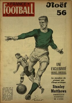 December 1956 issue of France Football magazine presenting the inaugural Ballon d'Or winner—Stanley Matthews.